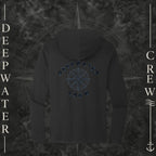 Black Deepwater Crew Co. Deepwater Nomad Deck Hoodie, back view with large distressed compass rose graphic and Deepwater Crew lettering.