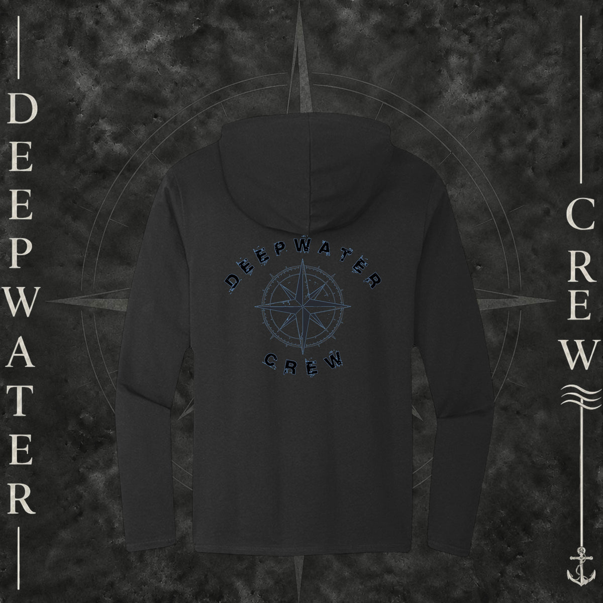 Black Deepwater Crew Co. Deepwater Nomad Deck Hoodie, back view with large distressed compass rose graphic and Deepwater Crew lettering.