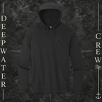 Black Deepwater Crew Co. Deepwater Nomad Deck Hoodie, front view with small DC compass crest chest logo.