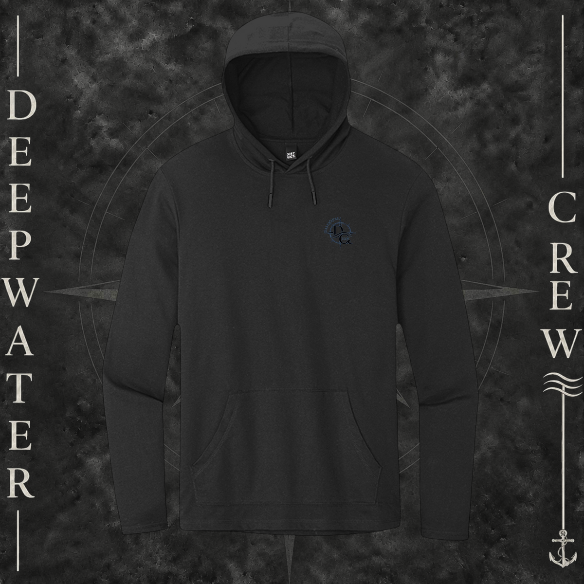 Black Deepwater Crew Co. Deepwater Nomad Deck Hoodie, front view with small DC compass crest chest logo.
