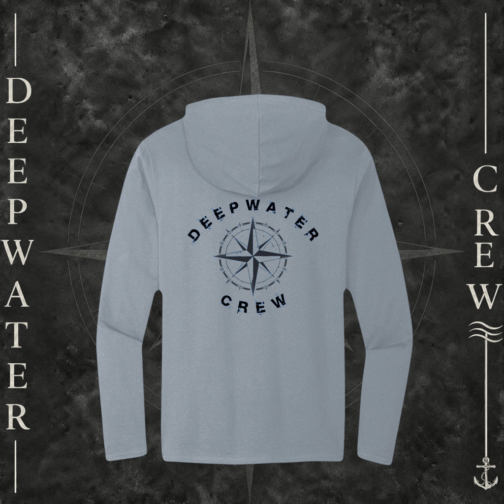 Flint Blue Heather Deepwater Crew Co. Deepwater Nomad Deck Hoodie, back view with large distressed compass rose graphic and Deepwater Crew lettering.