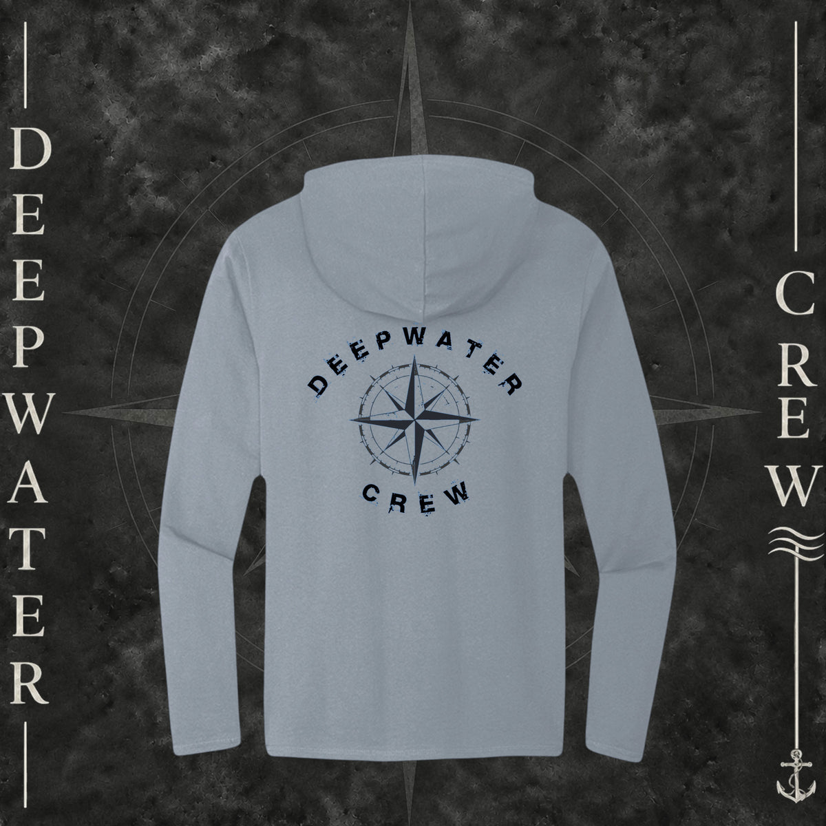 Flint Blue Heather Deepwater Crew Co. Deepwater Nomad Deck Hoodie, back view with large distressed compass rose graphic and Deepwater Crew lettering.