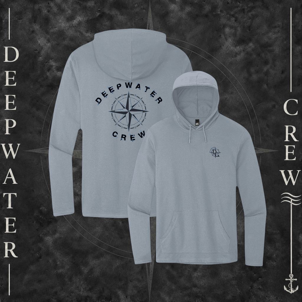 Flint Blue Heather Deepwater Crew Co. Deepwater Nomad Deck Hoodie, product view on branded Deepwater Crew compass background.
