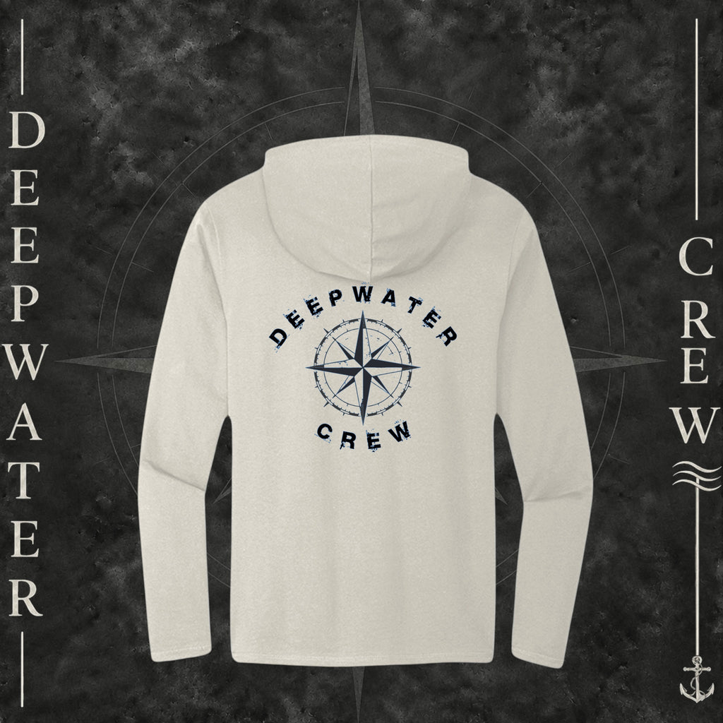 Gardenia Deepwater Crew Co. Deepwater Nomad Deck Hoodie, back view with large distressed compass rose graphic and Deepwater Crew lettering.