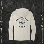 Gardenia Deepwater Crew Co. Deepwater Nomad Deck Hoodie, back view with large distressed compass rose graphic and Deepwater Crew lettering.
