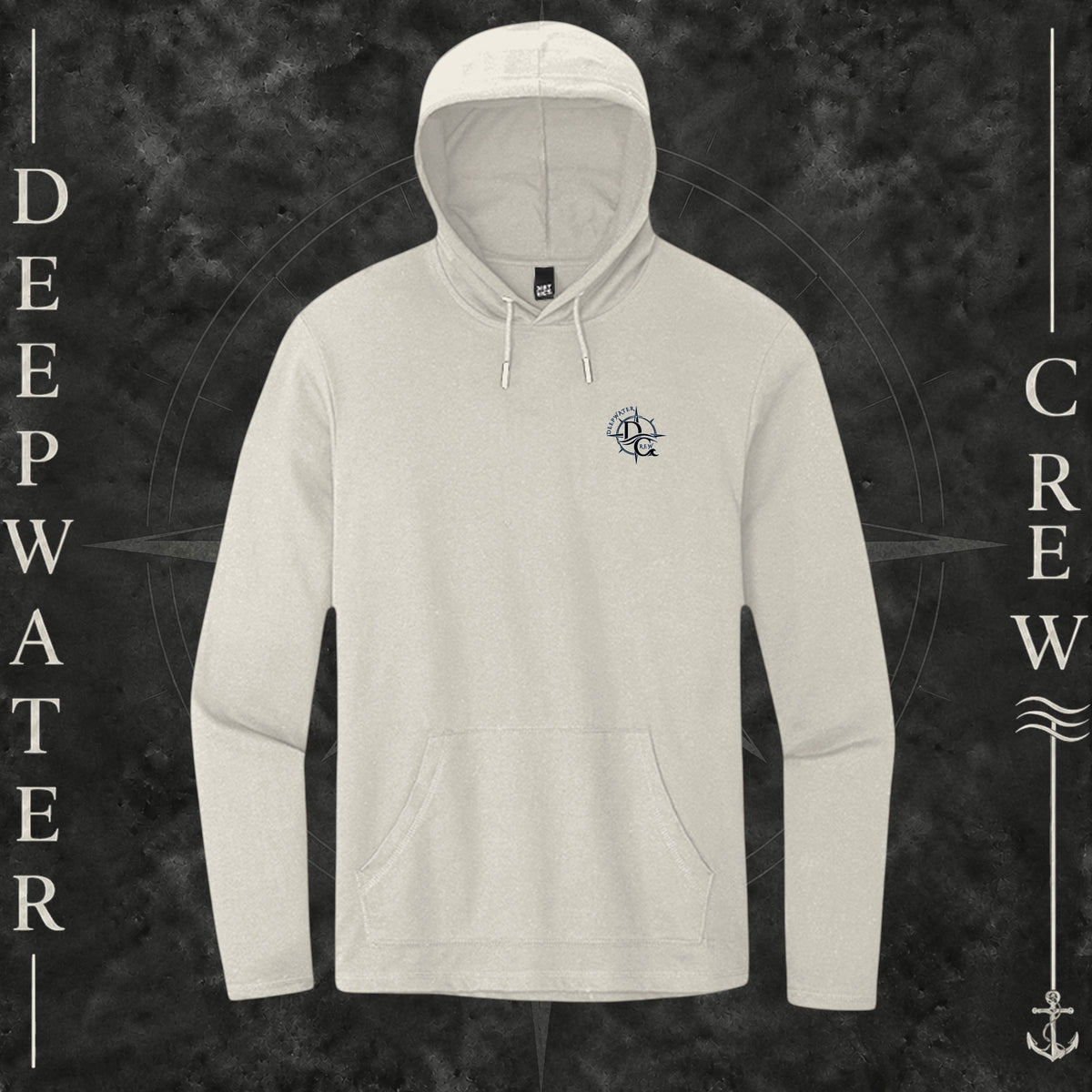 Gardenia Deepwater Crew Co. Deepwater Nomad Deck Hoodie, front view with small DC compass crest chest logo.
