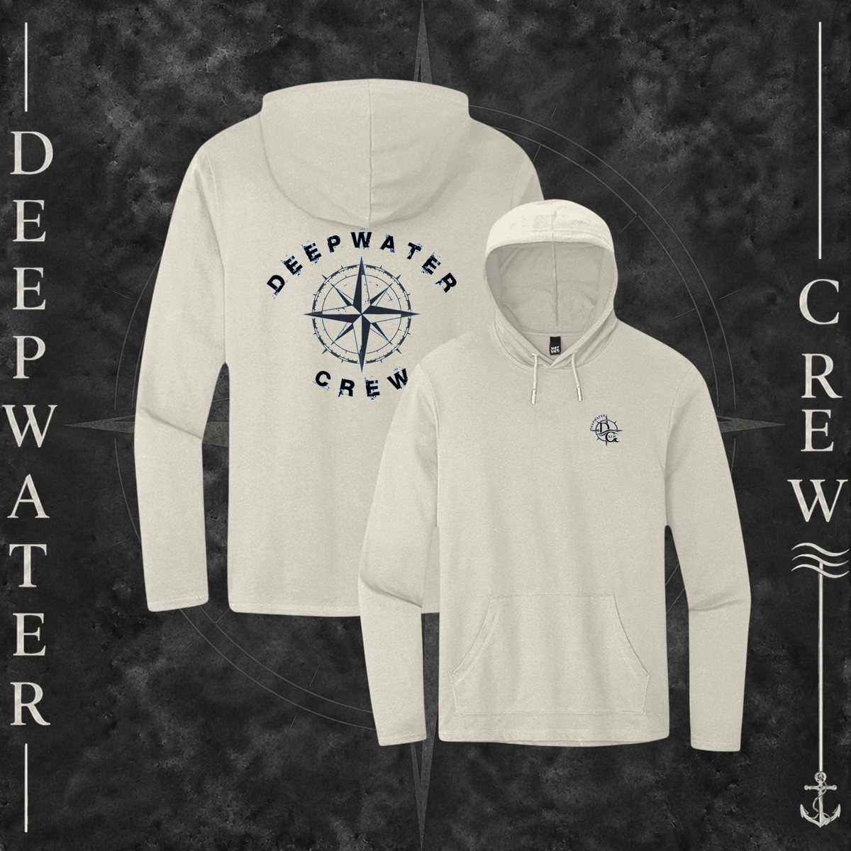 Gardenia Deepwater Crew Co. Deepwater Nomad Deck Hoodie, product view on branded Deepwater Crew compass background.