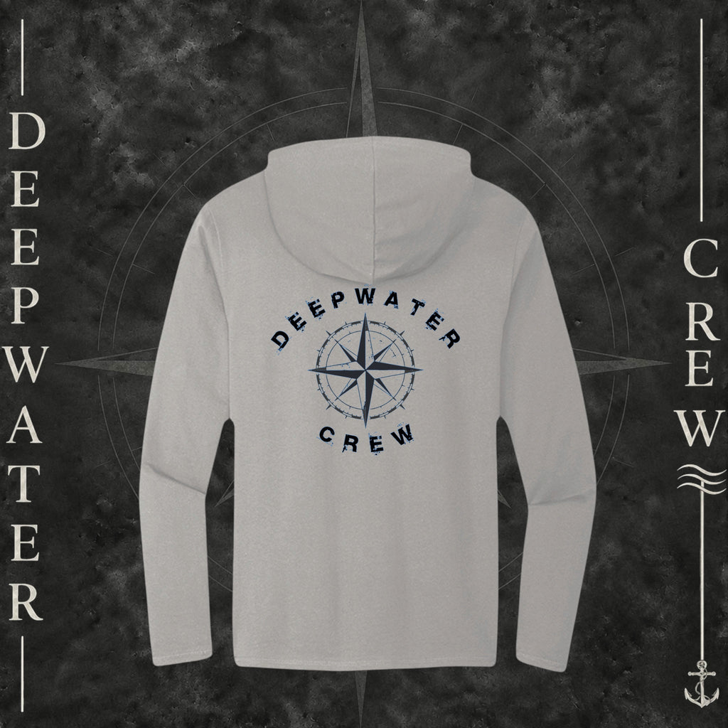 Light Heather Grey Deepwater Crew Co. Deepwater Nomad Deck Hoodie, back view with large distressed compass rose graphic and Deepwater Crew lettering.