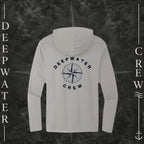 Light Heather Grey Deepwater Crew Co. Deepwater Nomad Deck Hoodie, back view with large distressed compass rose graphic and Deepwater Crew lettering.