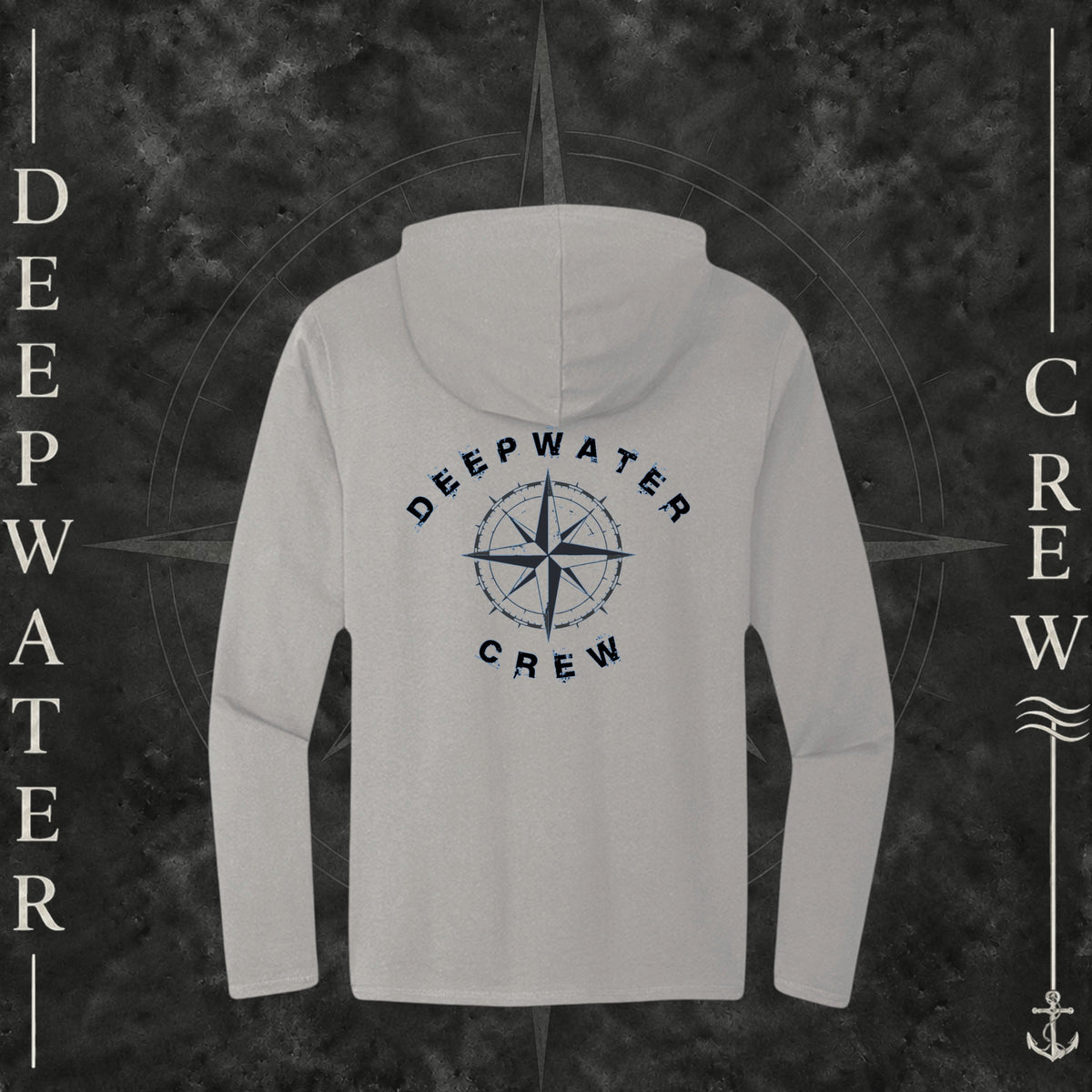 Light Heather Grey Deepwater Crew Co. Deepwater Nomad Deck Hoodie, back view with large distressed compass rose graphic and Deepwater Crew lettering.
