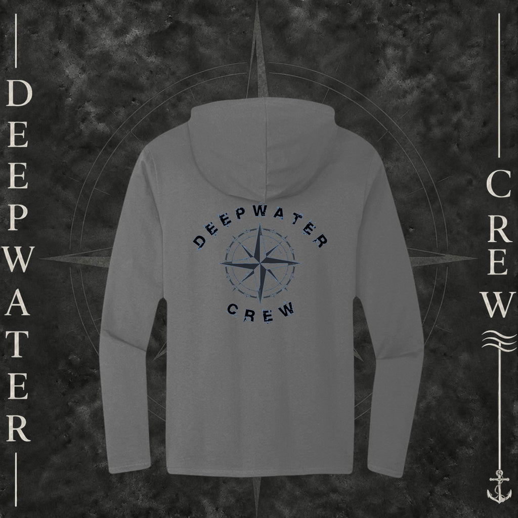 Washed Coal Deepwater Crew Co. Deepwater Nomad Deck Hoodie, back view with large distressed compass rose graphic and Deepwater Crew lettering.