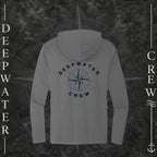 Washed Coal Deepwater Crew Co. Deepwater Nomad Deck Hoodie, back view with large distressed compass rose graphic and Deepwater Crew lettering.