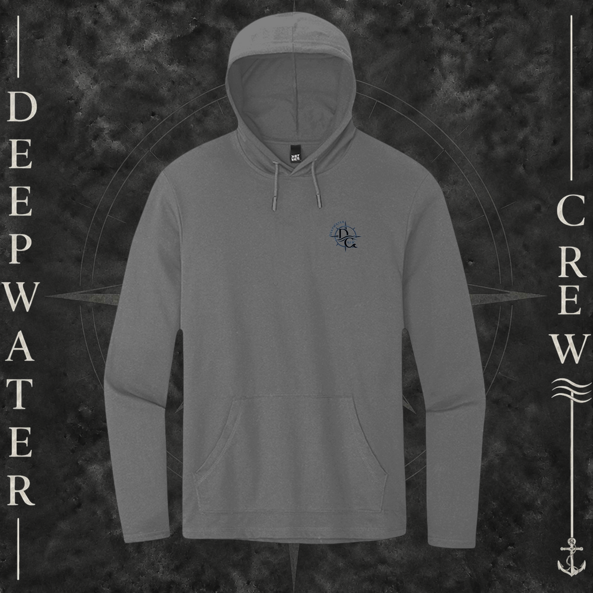 Washed Coal Deepwater Crew Co. Deepwater Nomad Deck Hoodie, front view with small DC compass crest chest logo.