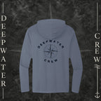 Washed Indigo Deepwater Crew Co. Deepwater Nomad Deck Hoodie, back view with large distressed compass rose graphic and Deepwater Crew lettering.