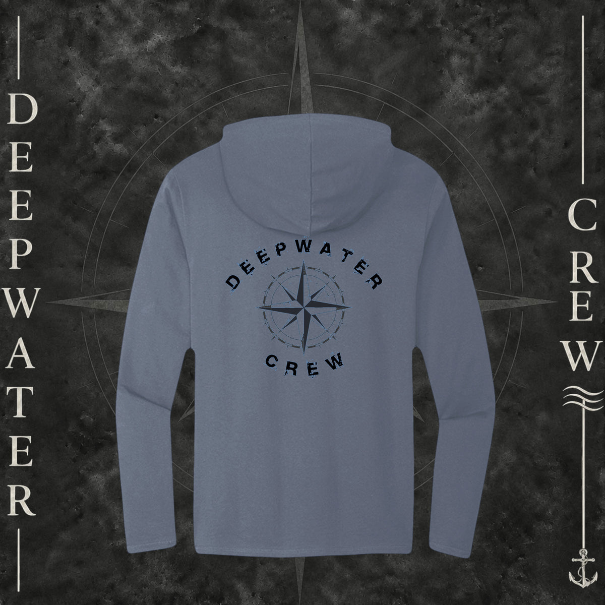 Washed Indigo Deepwater Crew Co. Deepwater Nomad Deck Hoodie, back view with large distressed compass rose graphic and Deepwater Crew lettering.