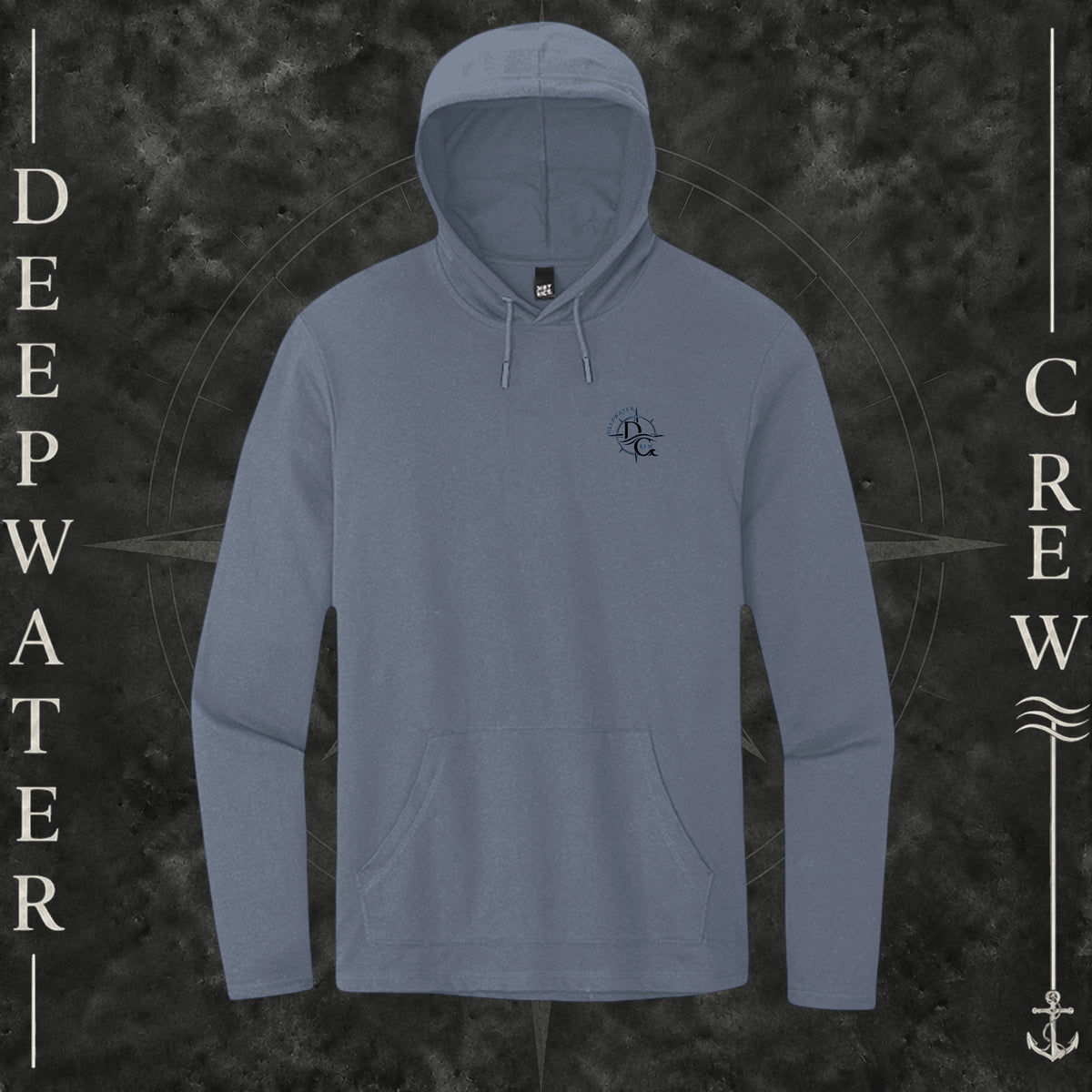 Washed Indigo Deepwater Crew Co. Deepwater Nomad Deck Hoodie, front view with small DC compass crest chest logo.