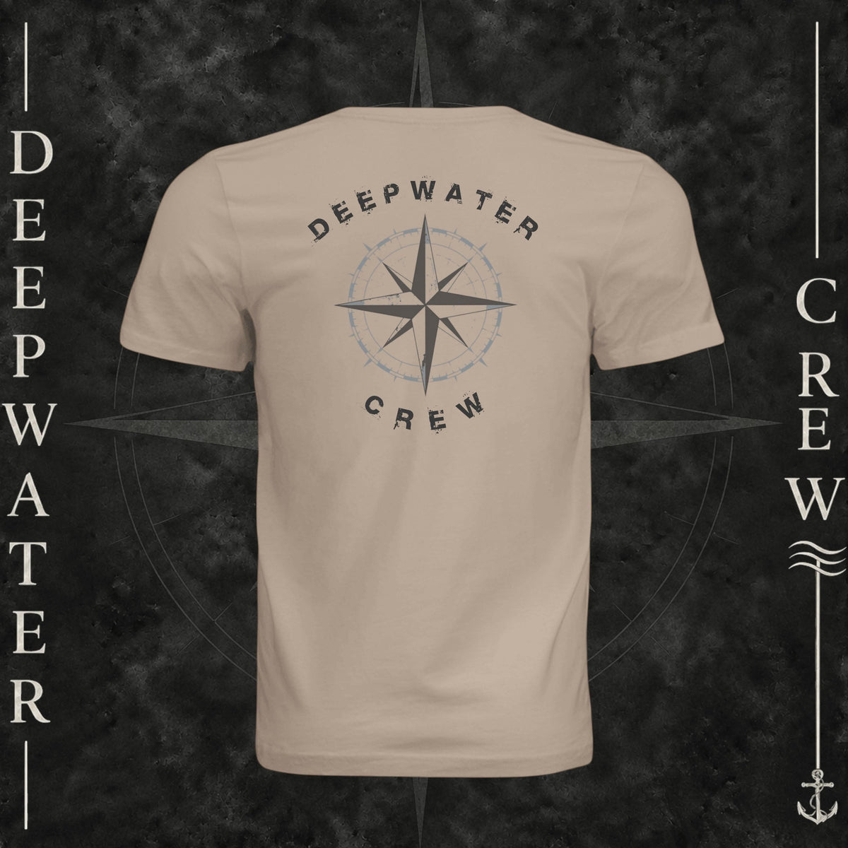 Dust Deepwater Crew Co. Deepwater Nomad crewneck T-shirt, back view with large distressed compass rose graphic and Deepwater Crew lettering.