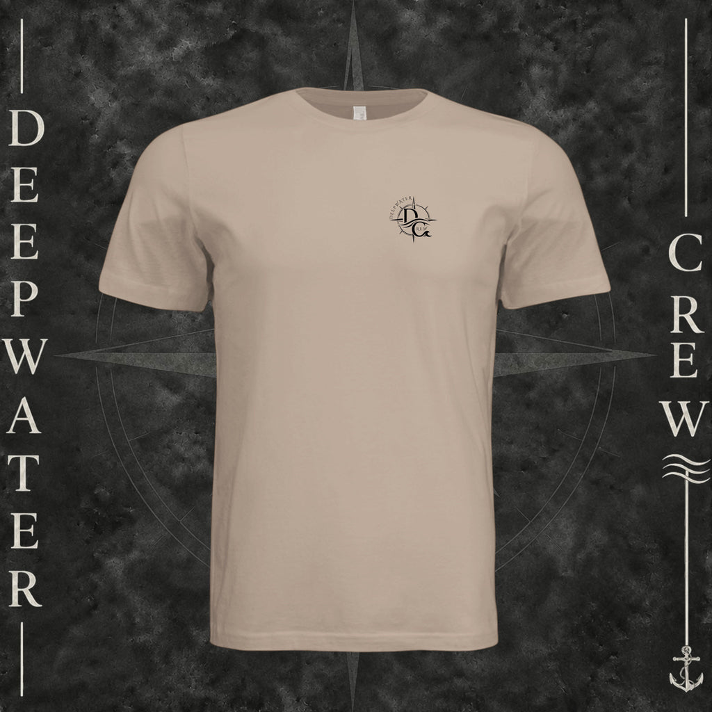Dust Deepwater Crew Co. Deepwater Nomad crewneck T-shirt, front view with small DC compass crest chest logo.
