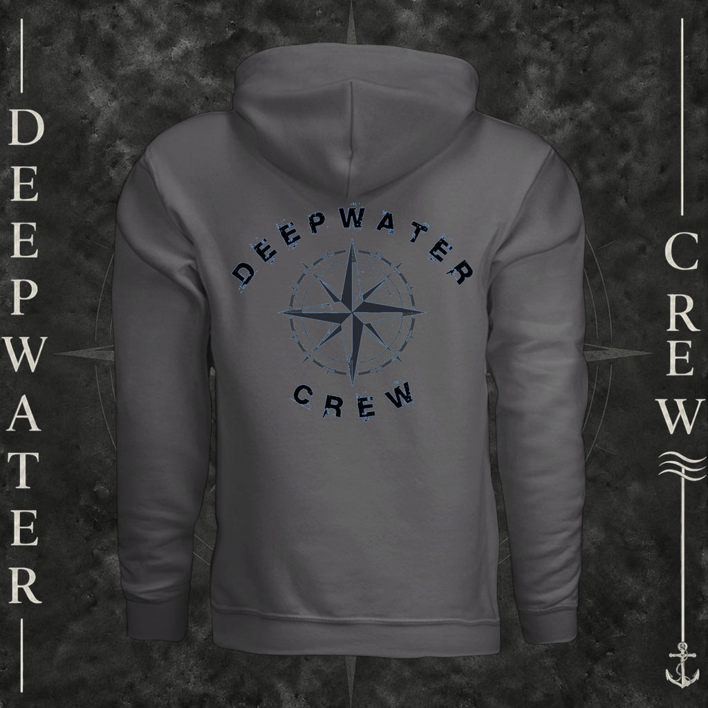 Asphalt Deepwater Crew Co. Deepwater Nomad Fleece Hoodie, back view with large distressed compass rose graphic and Deepwater Crew lettering.