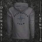 Asphalt Deepwater Crew Co. Deepwater Nomad Fleece Hoodie, back view with large distressed compass rose graphic and Deepwater Crew lettering.