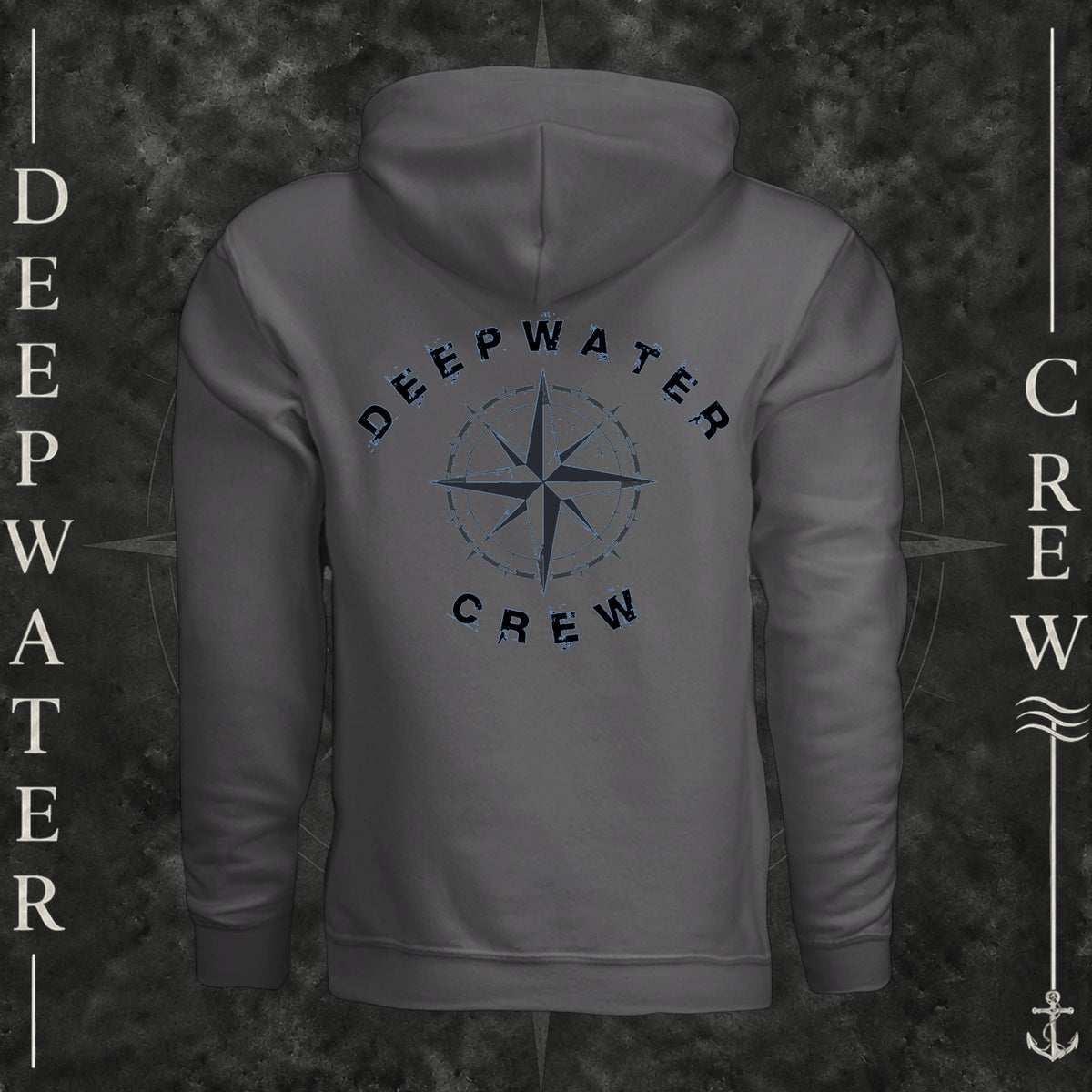 Asphalt Deepwater Crew Co. Deepwater Nomad Fleece Hoodie, back view with large distressed compass rose graphic and Deepwater Crew lettering.