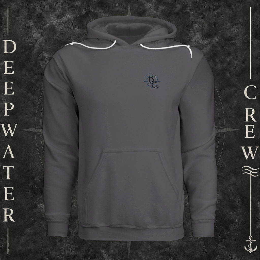 Asphalt Deepwater Crew Co. Deepwater Nomad Fleece Hoodie, front view with small DC compass crest chest logo.