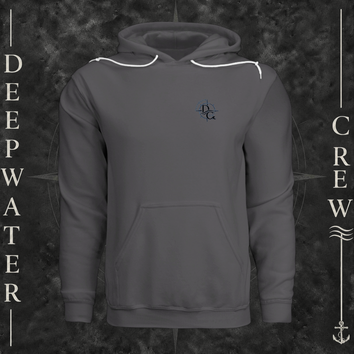 Asphalt Deepwater Crew Co. Deepwater Nomad Fleece Hoodie, front view with small DC compass crest chest logo.