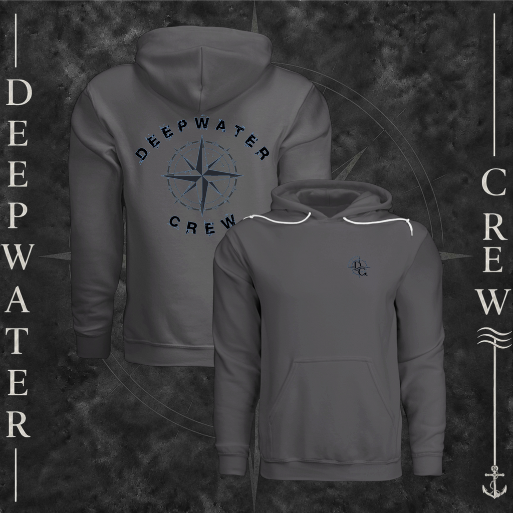 Asphalt Deepwater Crew Co. Deepwater Nomad Fleece Hoodie, product view on branded Deepwater Crew compass background.