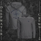 Asphalt Deepwater Crew Co. Deepwater Nomad Fleece Hoodie, product view on branded Deepwater Crew compass background.