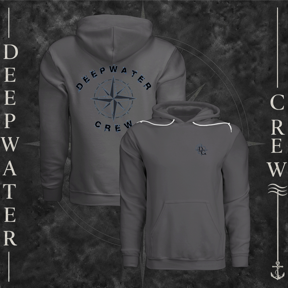 Asphalt Deepwater Crew Co. Deepwater Nomad Fleece Hoodie, product view on branded Deepwater Crew compass background.