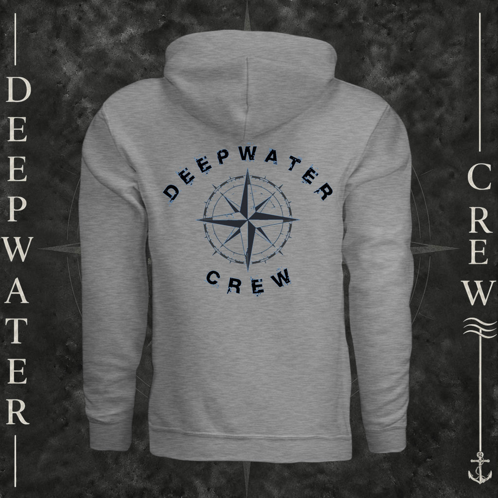Athletic Heather Deepwater Crew Co. Deepwater Nomad Fleece Hoodie, back view with large distressed compass rose graphic and Deepwater Crew lettering.