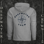 Athletic Heather Deepwater Crew Co. Deepwater Nomad Fleece Hoodie, back view with large distressed compass rose graphic and Deepwater Crew lettering.