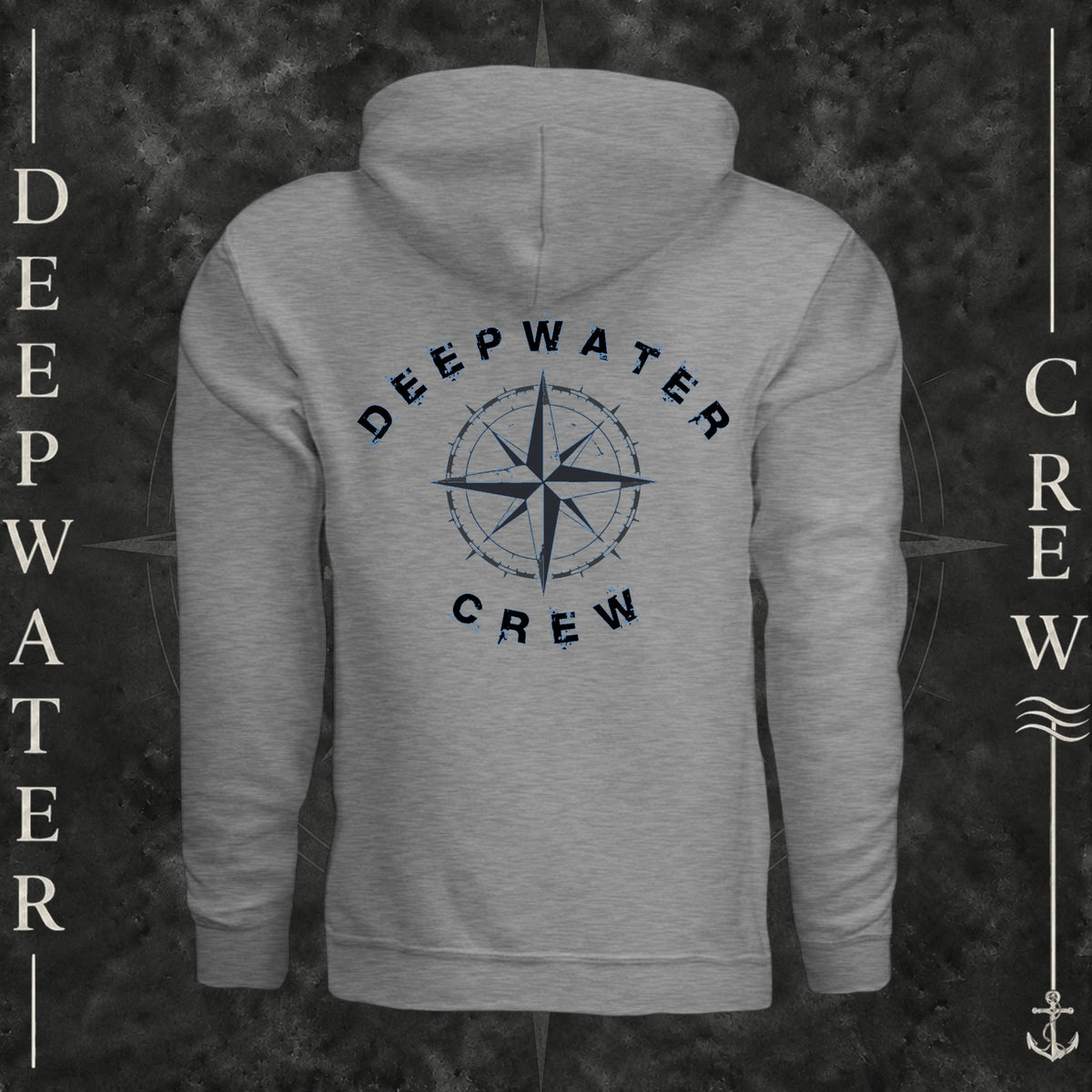 Athletic Heather Deepwater Crew Co. Deepwater Nomad Fleece Hoodie, back view with large distressed compass rose graphic and Deepwater Crew lettering.