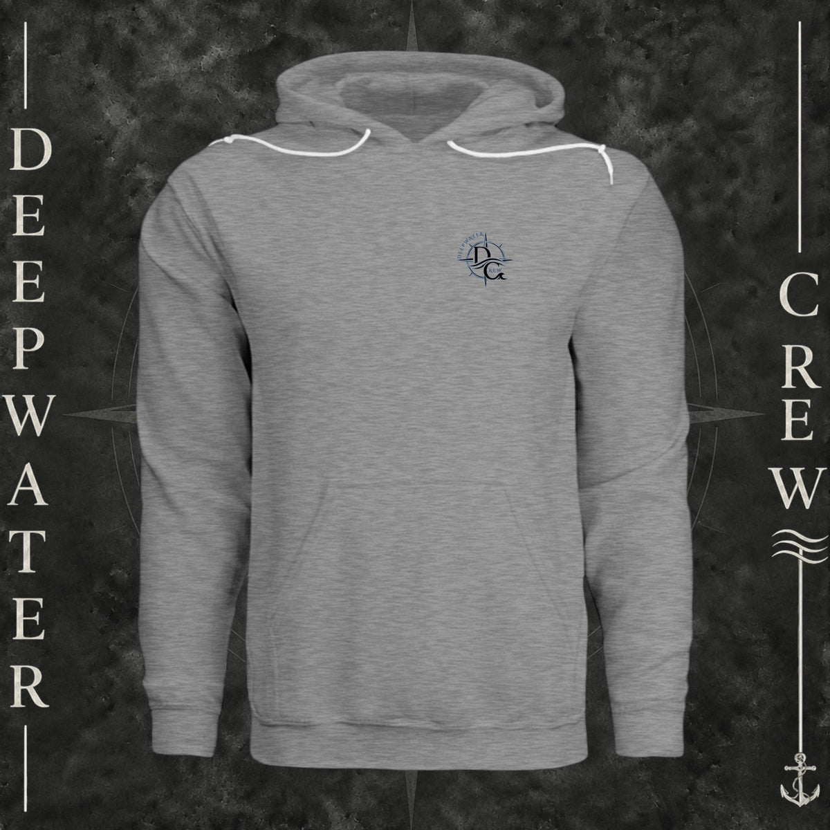 Athletic Heather Deepwater Crew Co. Deepwater Nomad Fleece Hoodie, front view with small DC compass crest chest logo.