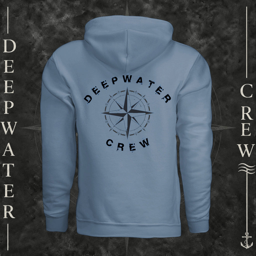 Steel Blue Deepwater Crew Co. Deepwater Nomad Fleece Hoodie, back view with large distressed compass rose graphic and Deepwater Crew lettering.