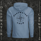 Steel Blue Deepwater Crew Co. Deepwater Nomad Fleece Hoodie, back view with large distressed compass rose graphic and Deepwater Crew lettering.