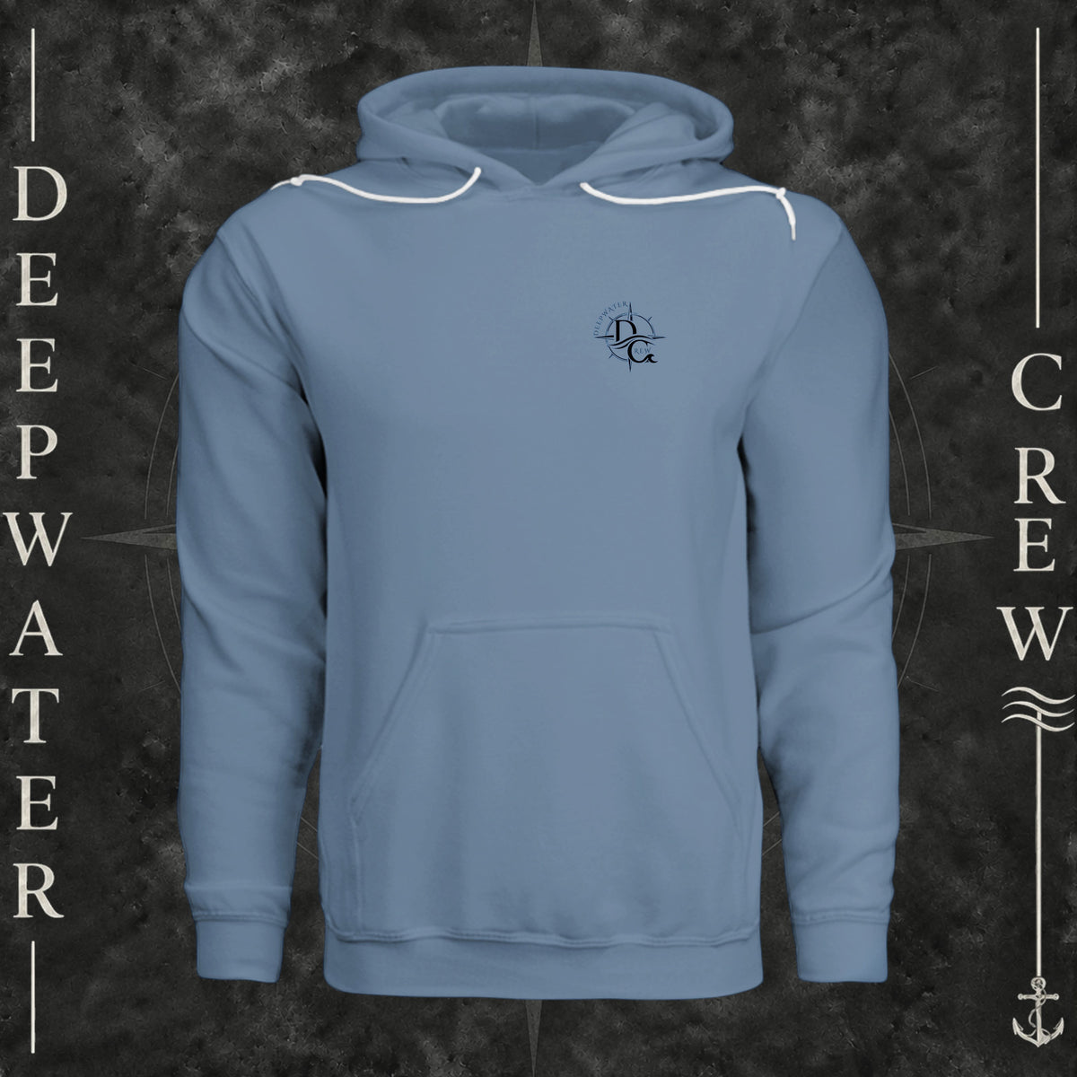Steel Blue Deepwater Crew Co. Deepwater Nomad Fleece Hoodie, front view with small DC compass crest chest logo.