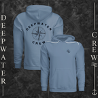 Steel Blue Deepwater Crew Co. Deepwater Nomad Fleece Hoodie, product view on branded Deepwater Crew compass background.