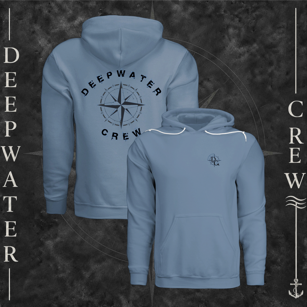 Steel Blue Deepwater Crew Co. Deepwater Nomad Fleece Hoodie, product view on branded Deepwater Crew compass background.