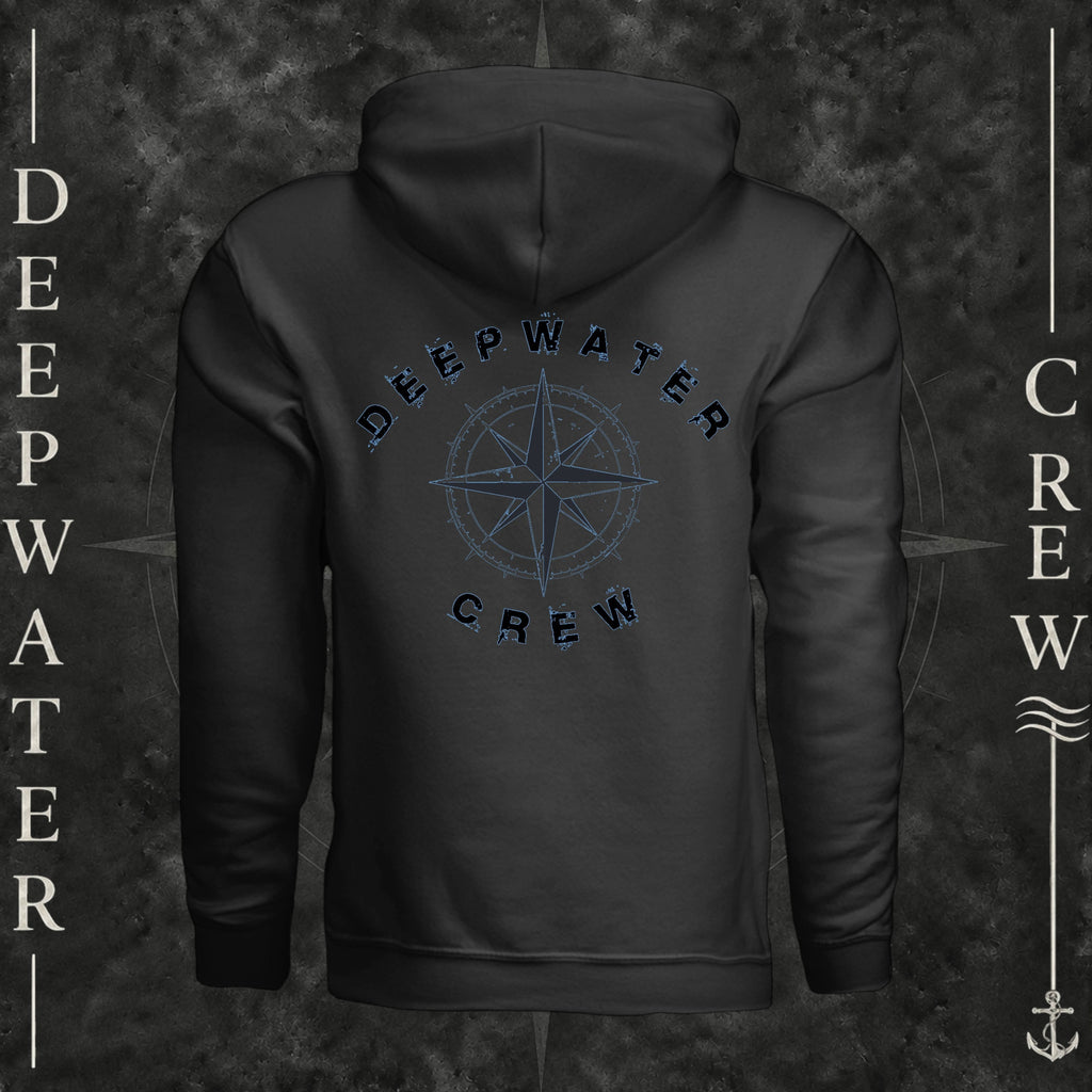 Vintage Black Deepwater Crew Co. Deepwater Nomad Fleece Hoodie, back view with large distressed compass rose graphic and Deepwater Crew lettering.