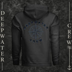 Vintage Black Deepwater Crew Co. Deepwater Nomad Fleece Hoodie, back view with large distressed compass rose graphic and Deepwater Crew lettering.