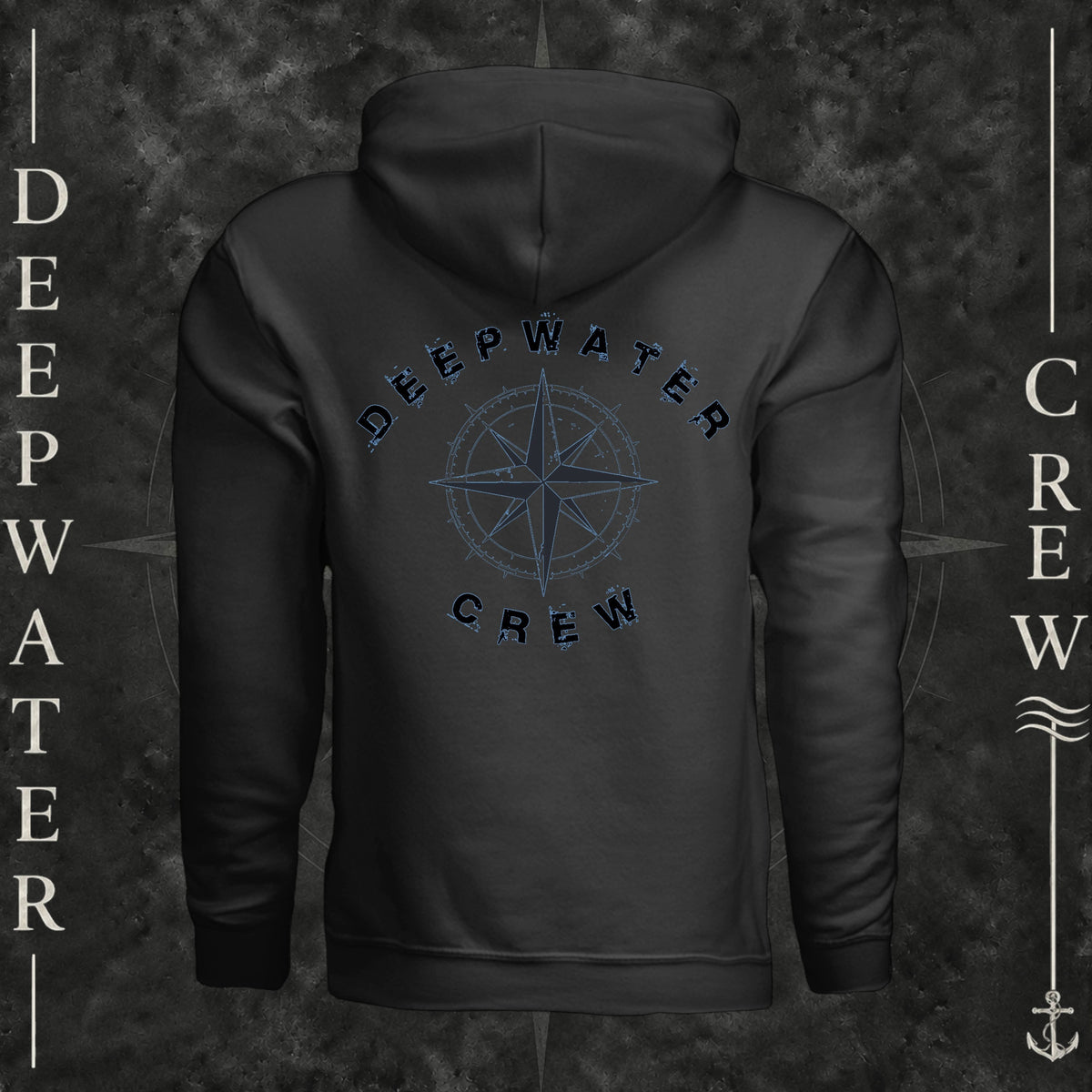 Vintage Black Deepwater Crew Co. Deepwater Nomad Fleece Hoodie, back view with large distressed compass rose graphic and Deepwater Crew lettering.