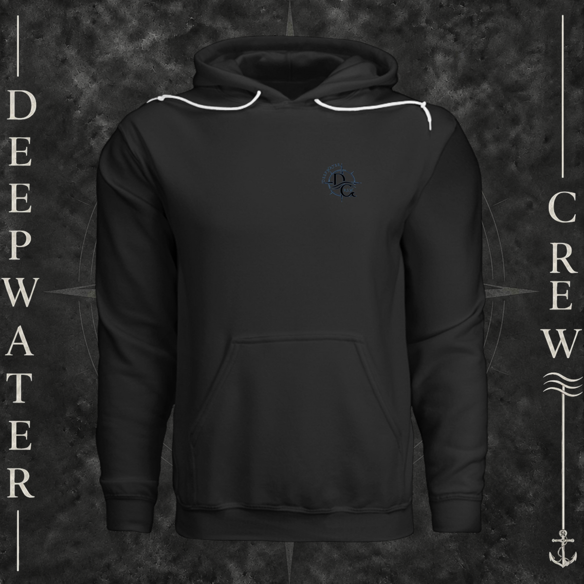 Vintage Black Deepwater Crew Co. Deepwater Nomad Fleece Hoodie, front view with small DC compass crest chest logo.