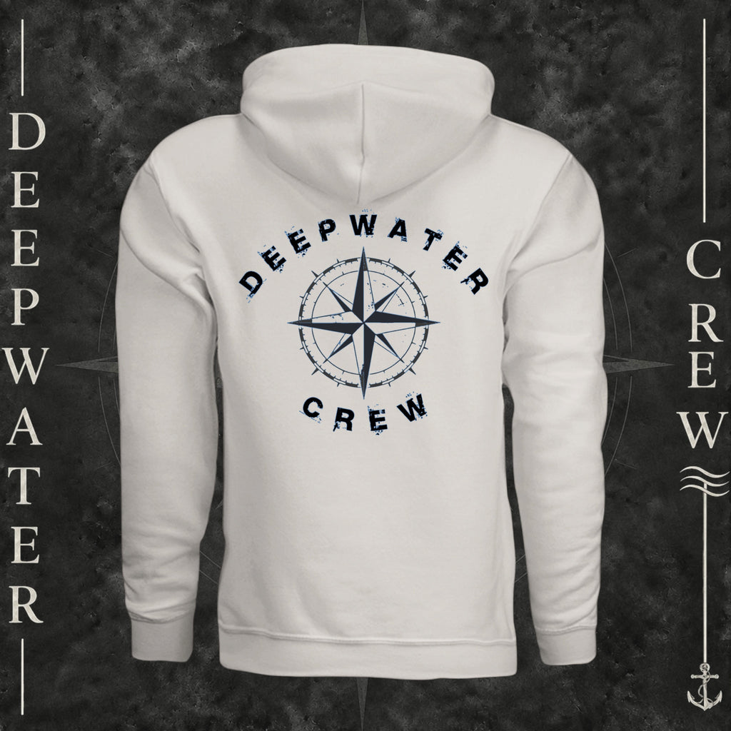 Vintage White Deepwater Crew Co. Deepwater Nomad Fleece Hoodie, back view with large distressed compass rose graphic and Deepwater Crew lettering.