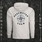 Vintage White Deepwater Crew Co. Deepwater Nomad Fleece Hoodie, back view with large distressed compass rose graphic and Deepwater Crew lettering.