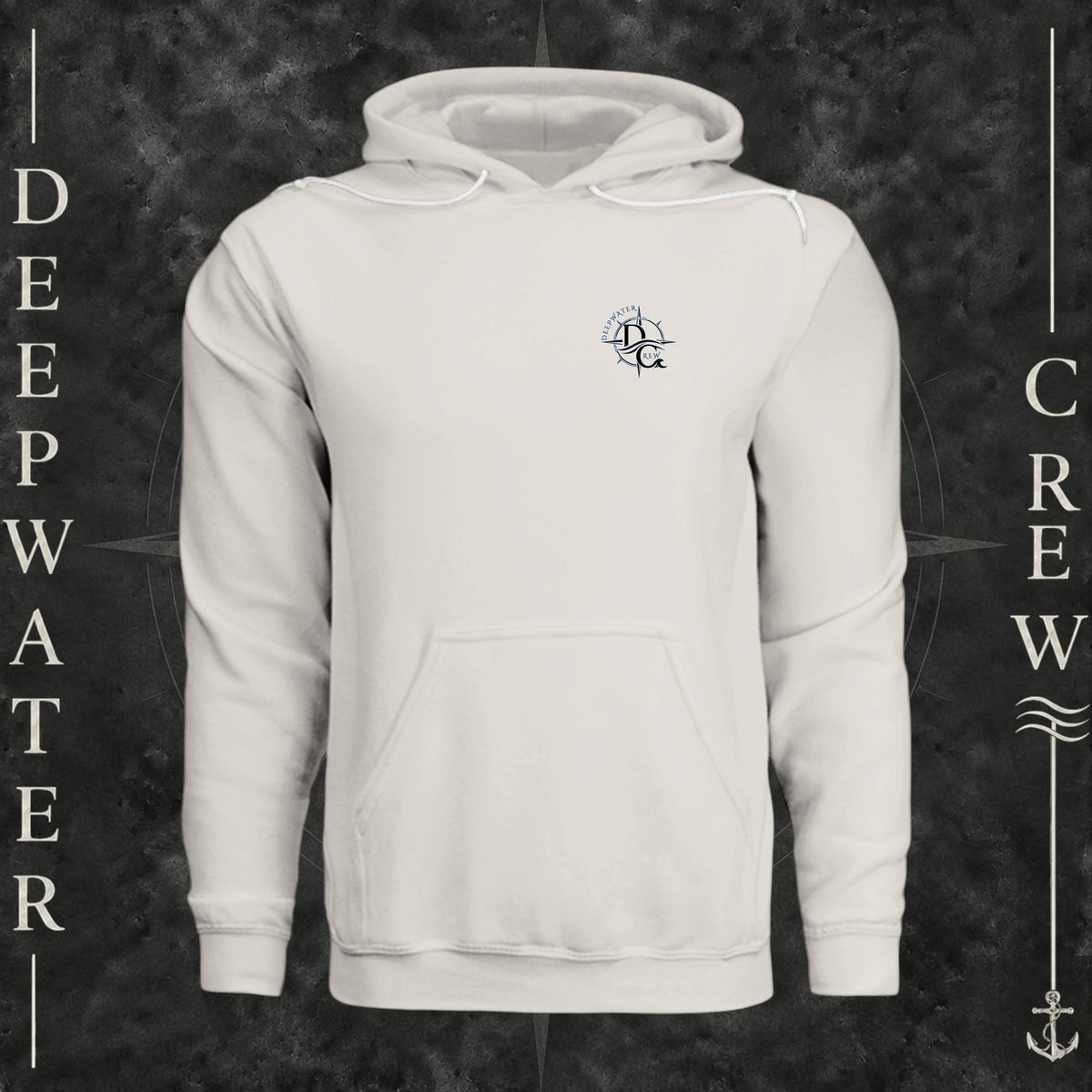 Vintage White Deepwater Crew Co. Deepwater Nomad Fleece Hoodie, front view with small DC compass crest chest logo.