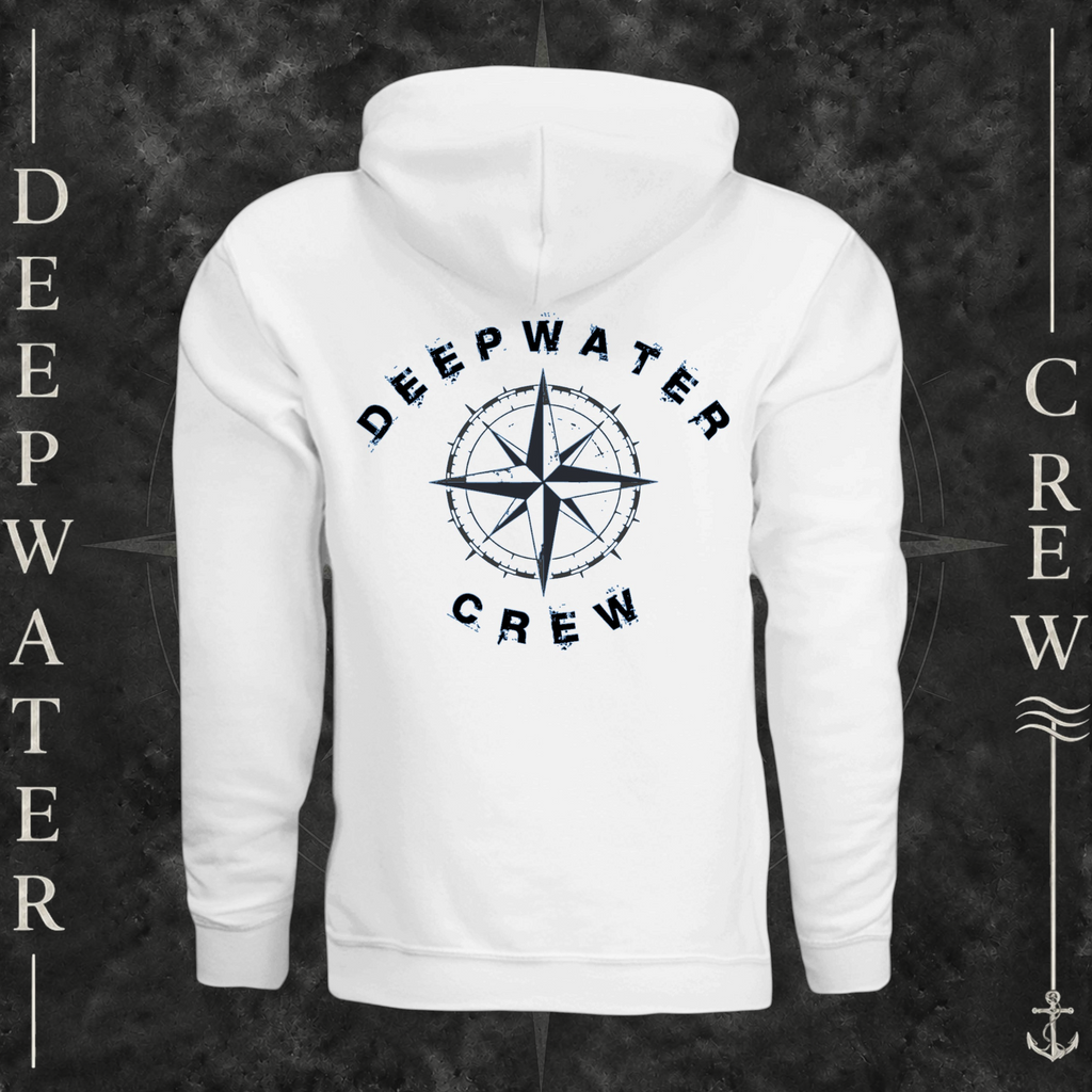 White Deepwater Crew Co. Deepwater Nomad Fleece Hoodie, back view with large distressed compass rose graphic and Deepwater Crew lettering.