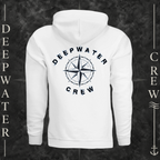 White Deepwater Crew Co. Deepwater Nomad Fleece Hoodie, back view with large distressed compass rose graphic and Deepwater Crew lettering.