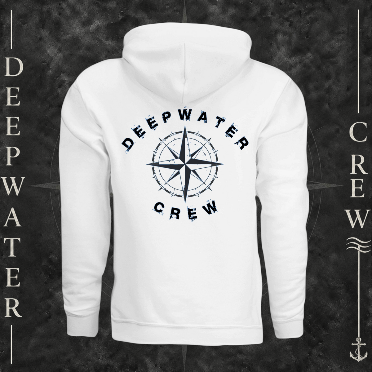 White Deepwater Crew Co. Deepwater Nomad Fleece Hoodie, back view with large distressed compass rose graphic and Deepwater Crew lettering.