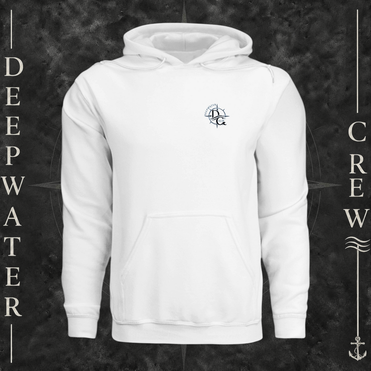 White Deepwater Crew Co. Deepwater Nomad Fleece Hoodie, front view with small DC compass crest chest logo.